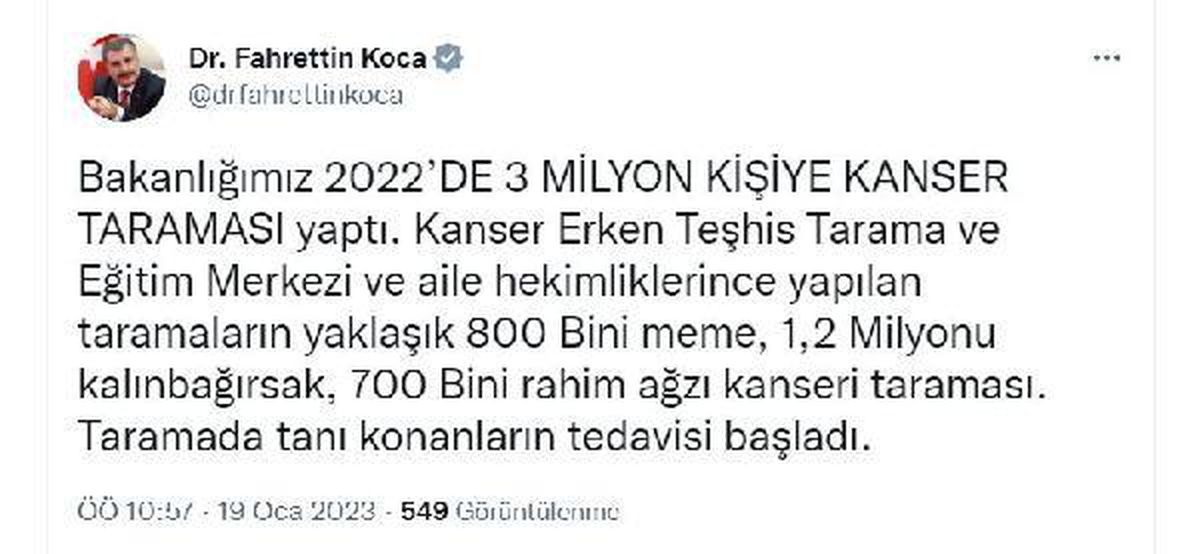 Sağlık Bakanı Koca\'dan kanser taramalarıyla ilgili paylaşım Açıklaması