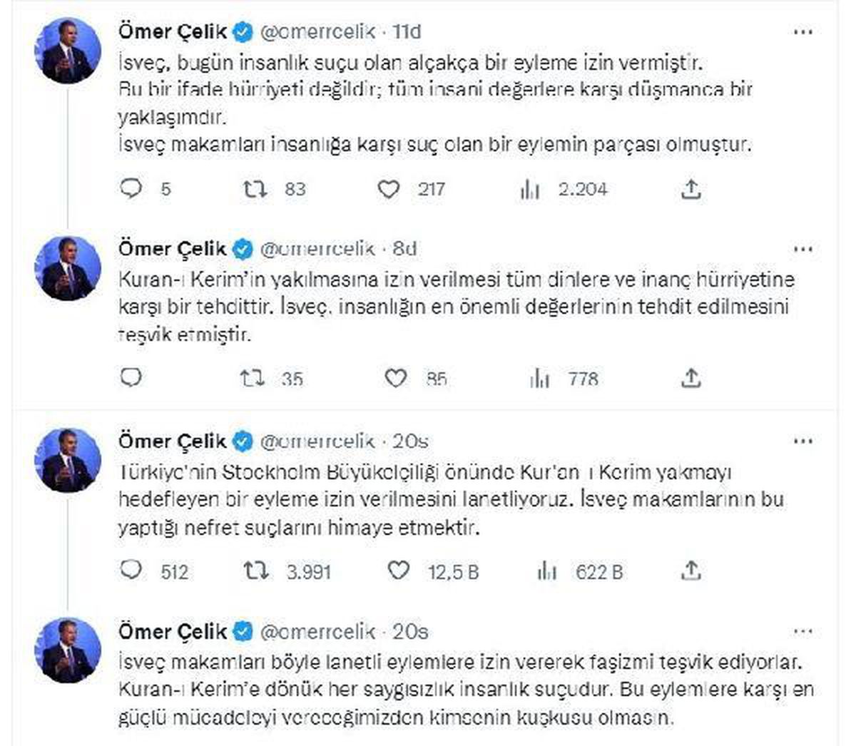 AK Parti Sözcüsü Çelik\'ten, İsveç\'te Kur\'an-ı Kerim yakılmasına tepki Açıklaması