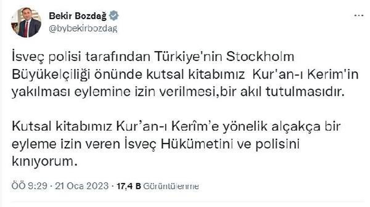 Adalet Bakanı Bozdağ\'dan İsveç\'te Kur\'an-ı Kerim yakma eylemine izin verilmesine tepki Açıklaması
