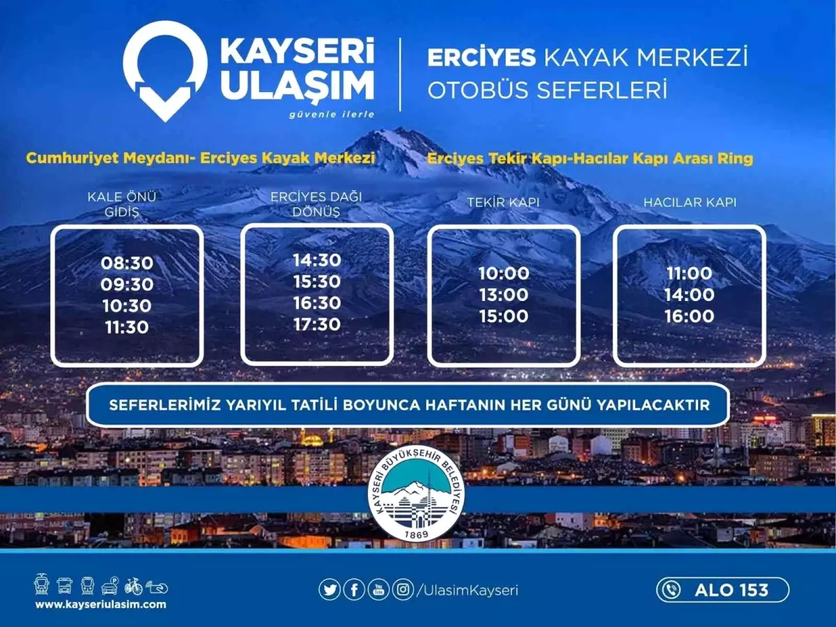 Erciyes'e yarıyıl tatilinde günlük otobüs seferi düzenlenecek