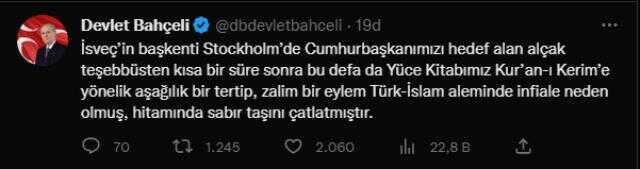 İsveç'teki çirkin olaya Bahçeli'den zehir zemberek sözler: Barbarlığın ve vandallığın aleni gösterimi ve somut örneğidir