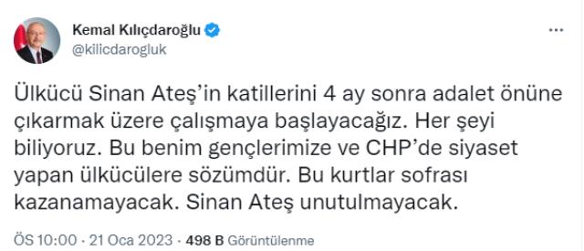 Kılıçdaroğlu: Ülkücü Sinan Ateş'in Katillerini 4 Ay Sonra Adalet Önüne Çıkarmak Üzere Çalışmaya Başlayacağız. Her Şeyi Biliyoruz