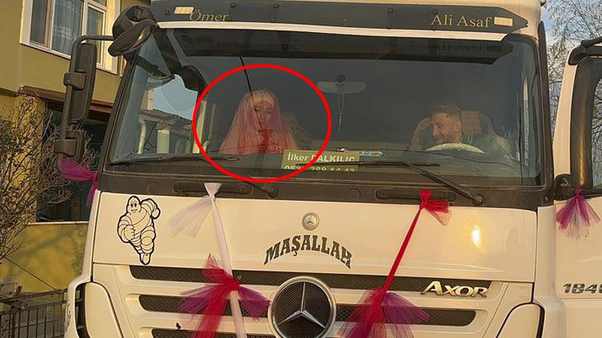 Görüntü Türkiye'den! Tırın önünde oturan gelini görenler şaşkınlığını gizleyemedi