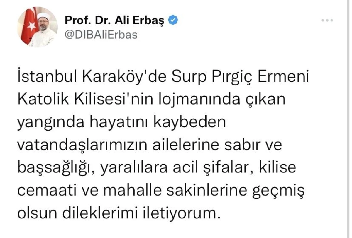 Diyanet İşleri Başkanı Erbaş\'tan kilise lojmanındaki yangında vefat edenler için taziye mesajı