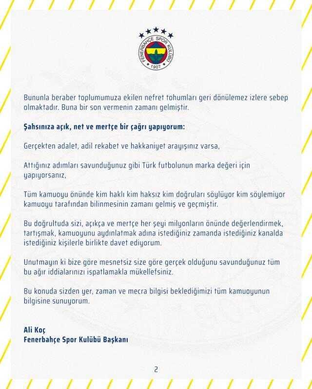 Son Dakika: F.Bahçe Başkanı Ali Koç'tan, G.Saray Başkanı Özbek'e tarihi davet: İstediğiniz kanalda çıkıp tartışalım