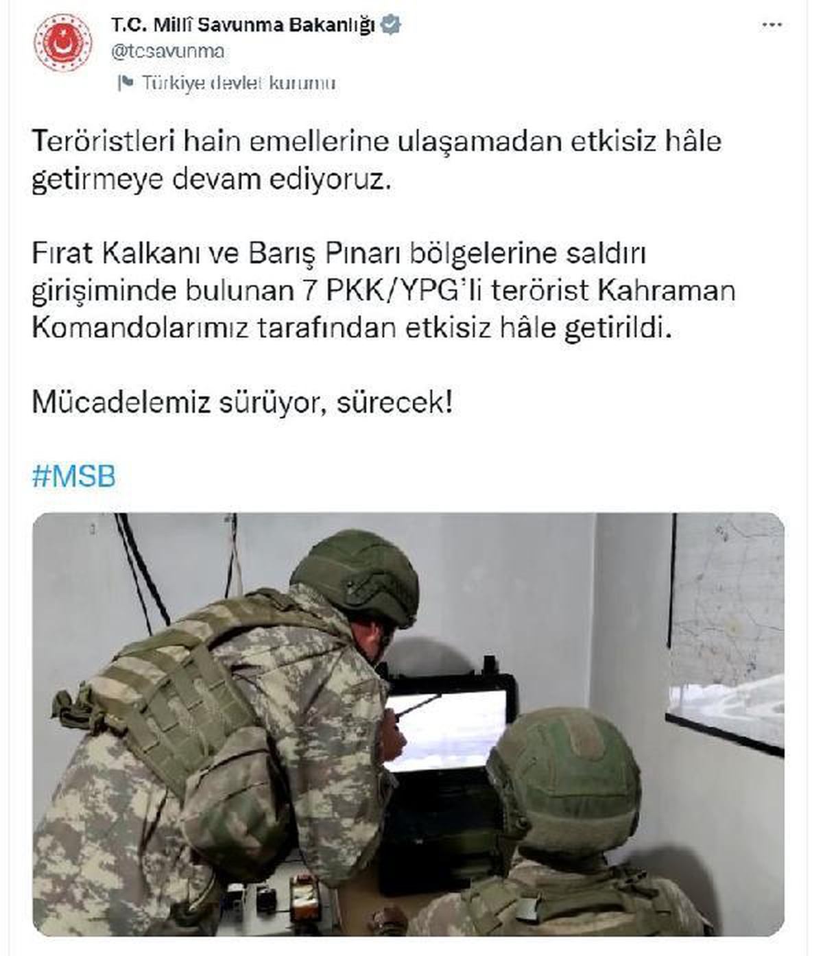 MSB: PKK/YPG\'li 7 terörist etkisiz hale getirildi