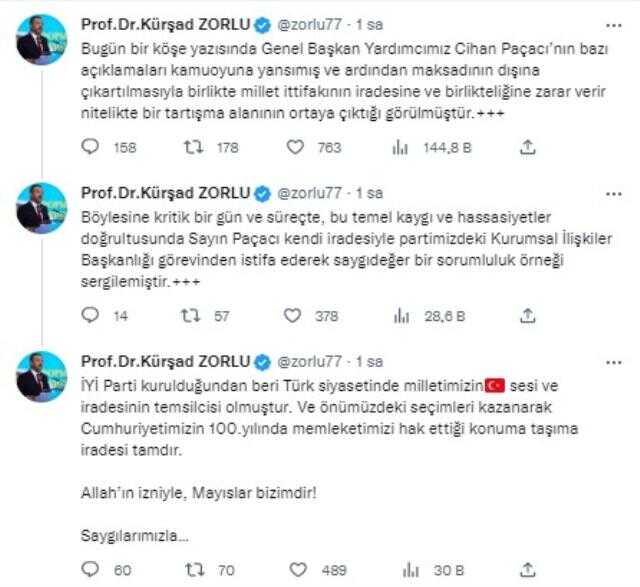 İYİ Parti'den 'Cihan Paçacı' açıklaması: İstifa ederek saygıdeğer bir sorumluluk örneği sergiledi