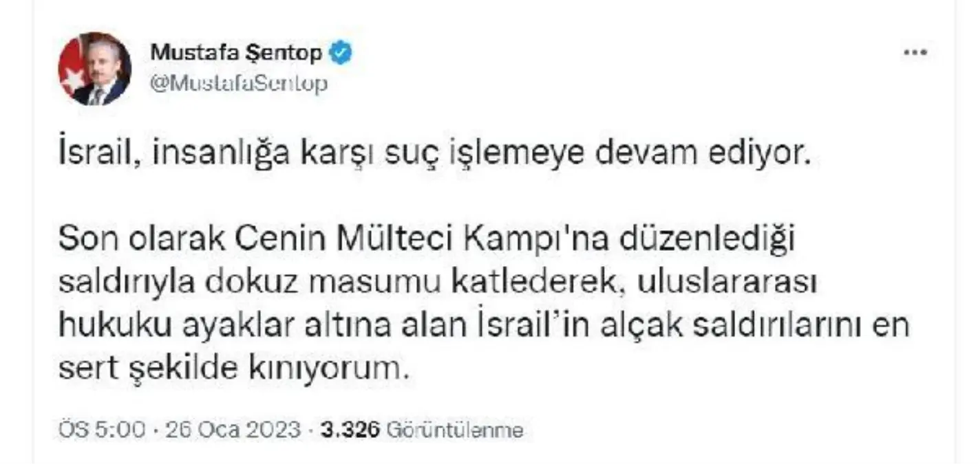 Şentop: İsrail\'in alçak saldırılarını kınıyorum