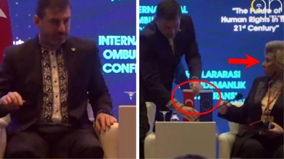 Konferansa damga vuran anlar! Ukrayna ombudsmanı düşen Türk bayrağını alıp yerine koydu