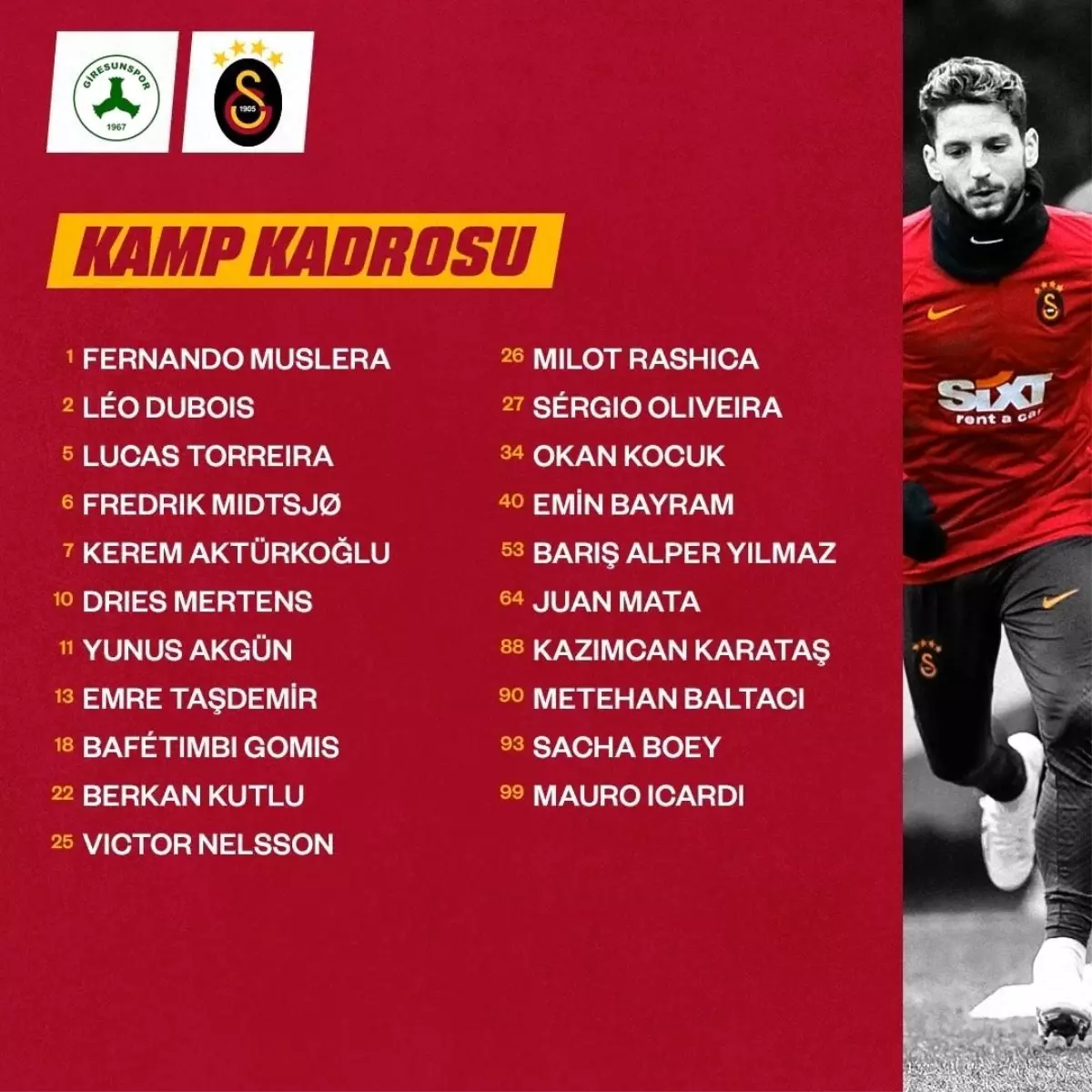 Galatasaray\'ın, Giresunspor maçı kamp kadrosu açıklandı