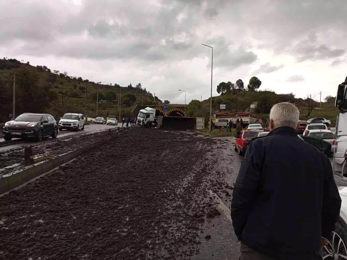 Gübre yüklü kamyon devrildi, karayolunda 10 kilometre araç kuyruğu oluştu