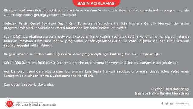 Diyanet, İYİ Partili Torun'un kızı için hatim okutmasına izin verilmediği iddialarını yalanladı Diyanet, İYİ Partili Torun'un kızı için hatim okutmasına izin verilmediği iddialarını yalanladı