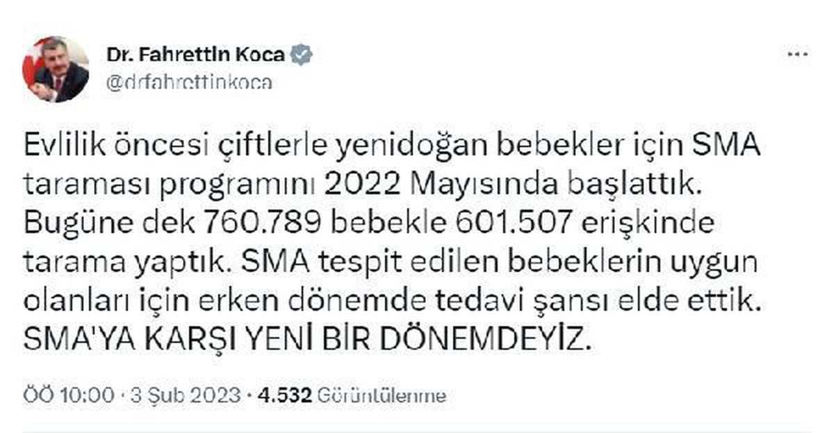 Bakan Koca: SMA taramasıyla erken dönemde tedavi şansı elde ettik