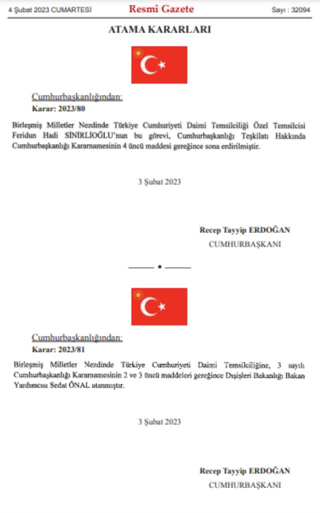 Cumhurbaşkanı Erdoğan'ın imzasıyla Türkiye'nin BM Daimi Temsilcisi Feridun Sinirlioğlu görevden alındı