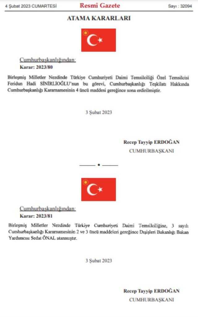 Cumhurbaşkanı Erdoğan'ın imzasıyla Türkiye'nin BM Daimi Temsilcisi Feridun Sinirlioğlu görevden alındı