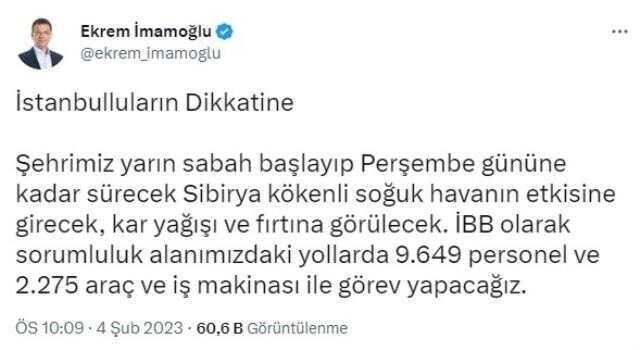 Kar ve fırtına beklenen İstanbul'da bir uyarı da İmamoğlu'ndan geldi