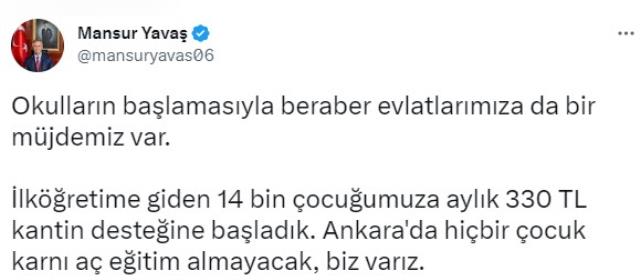 Mansur Yavaş, 14 Bin İlkokul Çocuğuna Kantin Desteği Verileceğini Duyurdu: 'Ankara'da Hiçbir Çocuk Karnı Aç Eğitim Almayacak, Biz Varız'