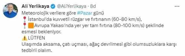 VALİ YERLİKAYA'DAN FIRTINA UYARISI