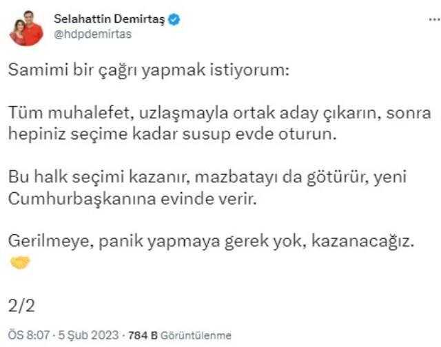 Demirtaş'tan muhalefete çağrı: Ortak aday çıkarın, sonra hepiniz seçime kadar susup evde oturun
