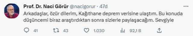 Prof. Naci Görür'ün 'Kağıthane'de deprem yaşanmadı' paylaşımı kafaları karıştırdı