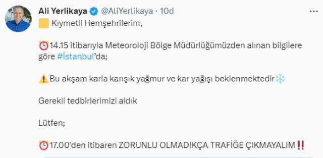 Son Dakika! İstanbul Valiliği'nden kar uyarısı: Saat 17.00'den itibaren zorunlu olmadıkça trafiğe çıkmayalım