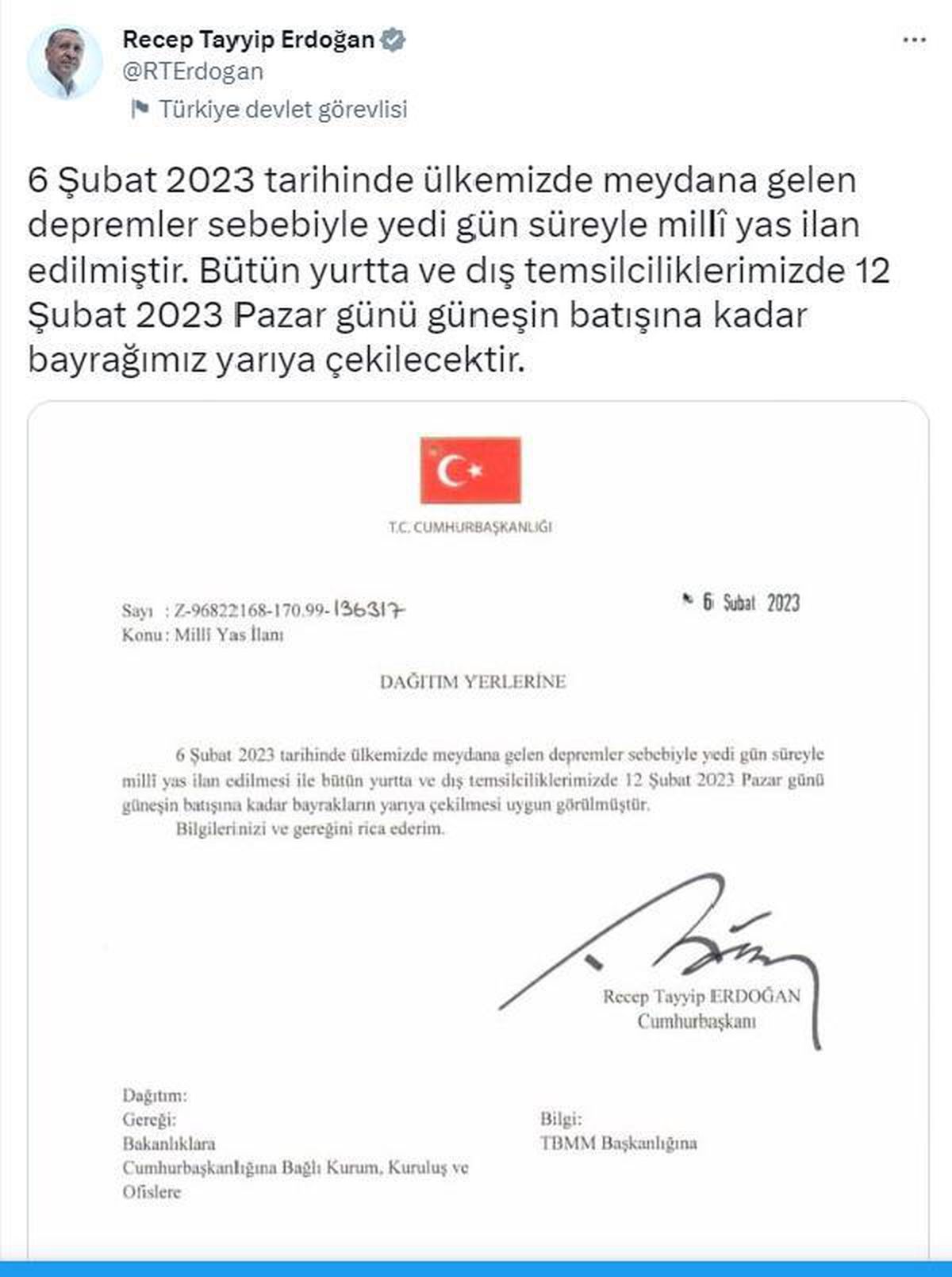 Cumhurbaşkanı Erdoğan, 7 gün süreyle milli yas ilan edildiğini açıkladı