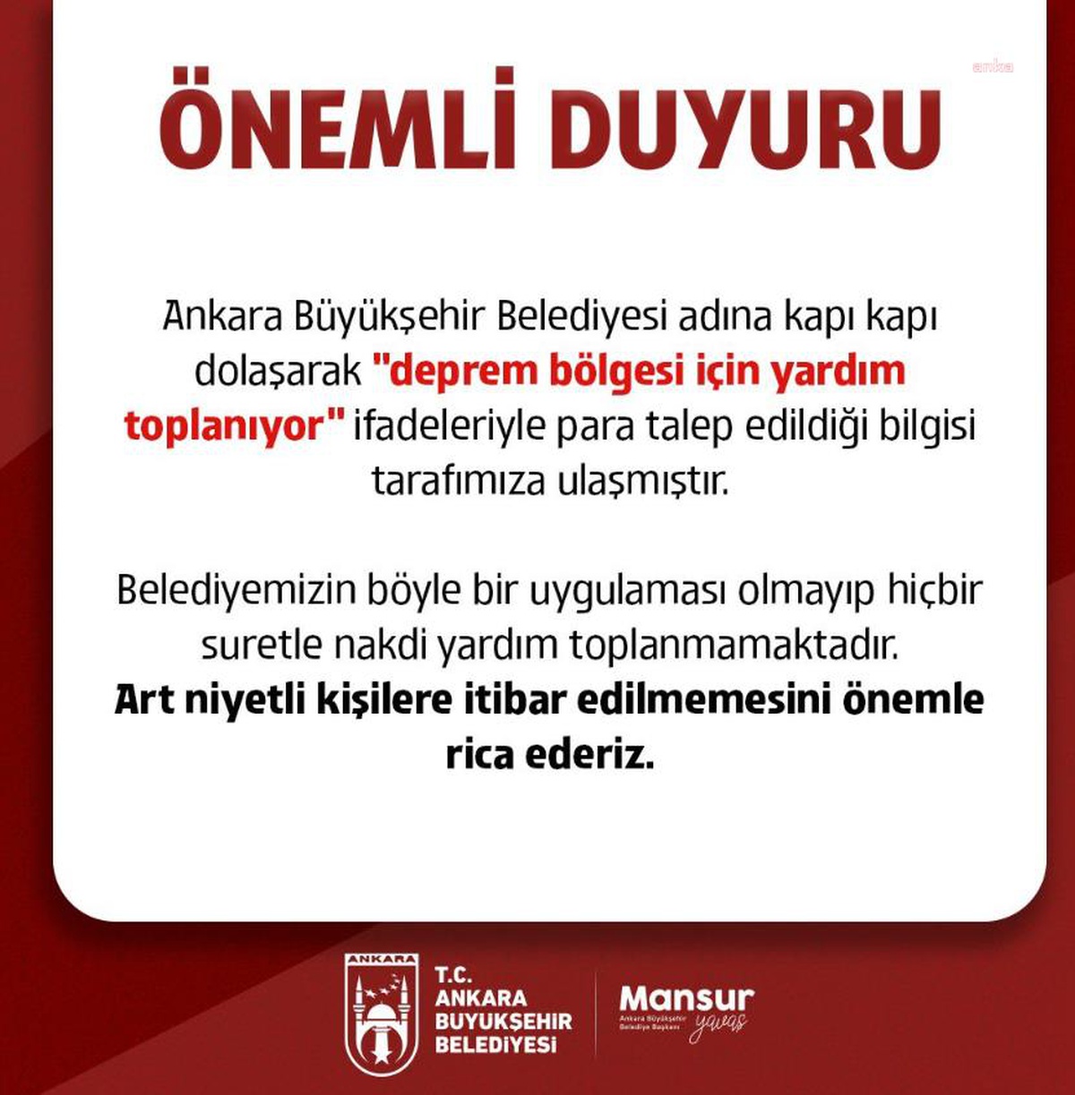 Abb\'den \'Nakdi Yardım\' Uyarısı: "Belediyemizin Böyle Bir Uygulaması Olmayıp Hiçbir Suretle Nakdi Para Toplanmamaktadır.