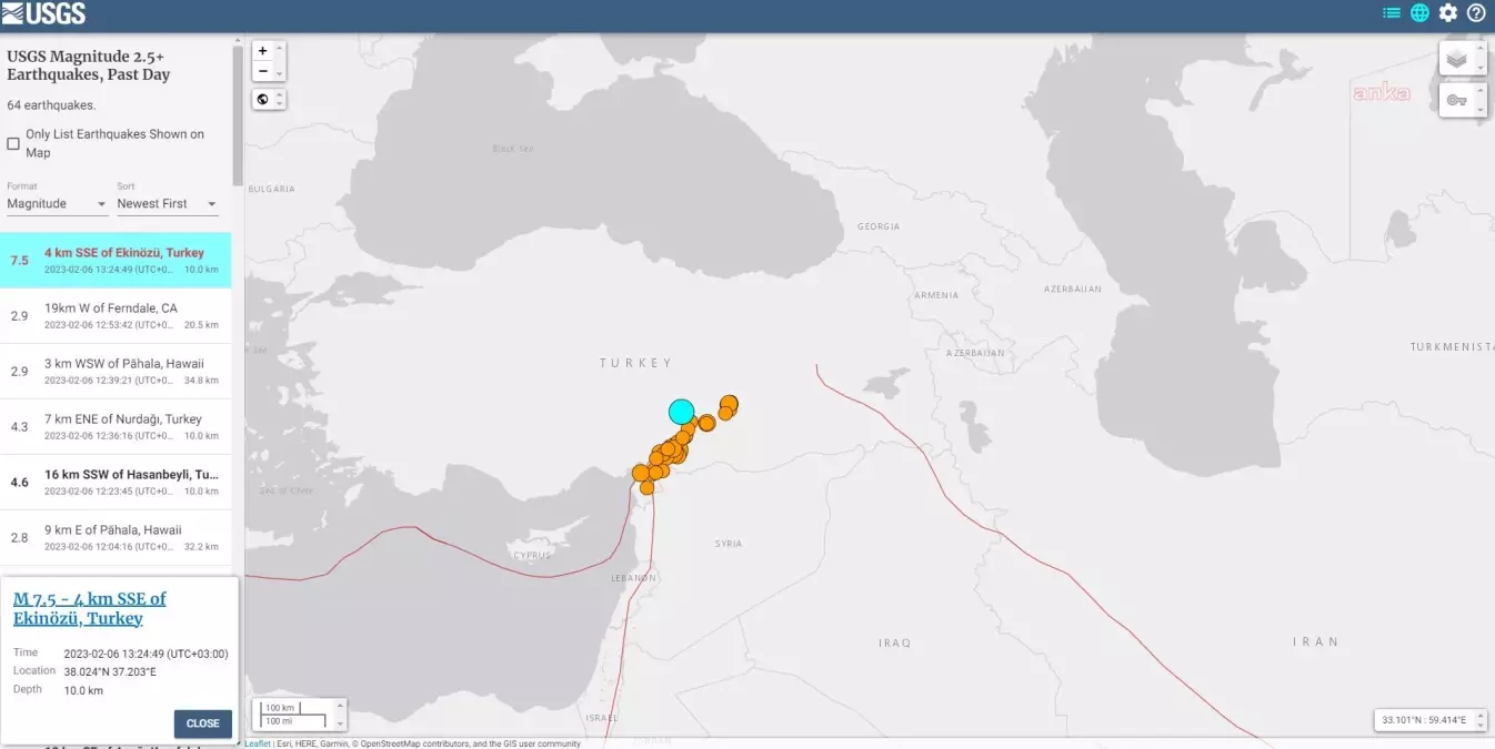 ABD Jeoloji Araştırmaları Kurumu: İkinci Depremin Büyüklüğü 7,5, Merkez Üssü Kahramanmaraş Ekinözü