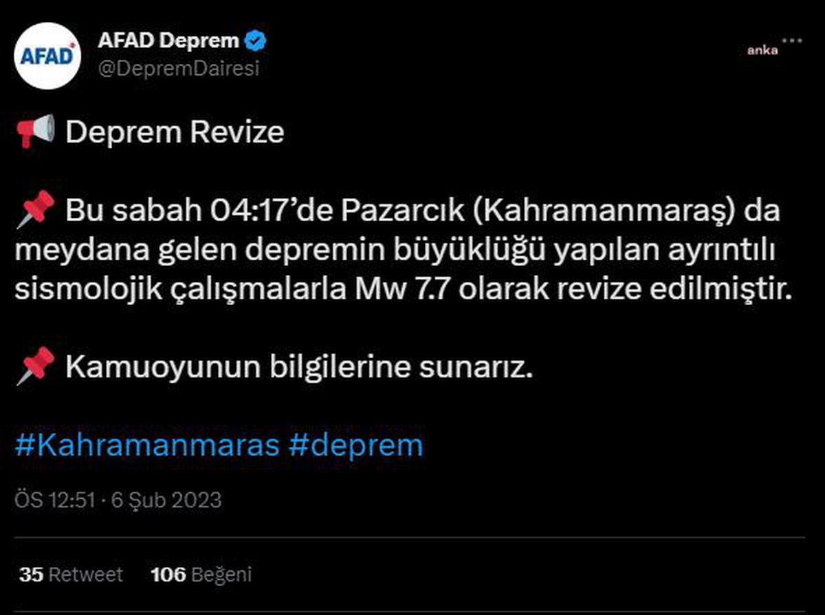 Afad, Depremin Büyüklüğünü 7,7 Olarak Revize Etti