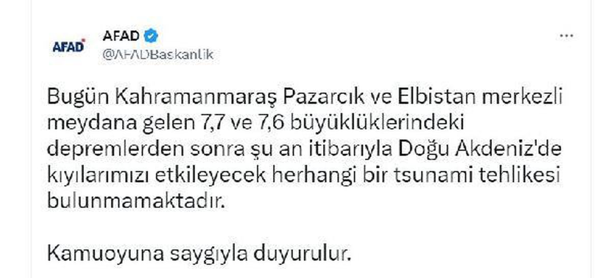 AFAD: Tsunami tehlikesi yok