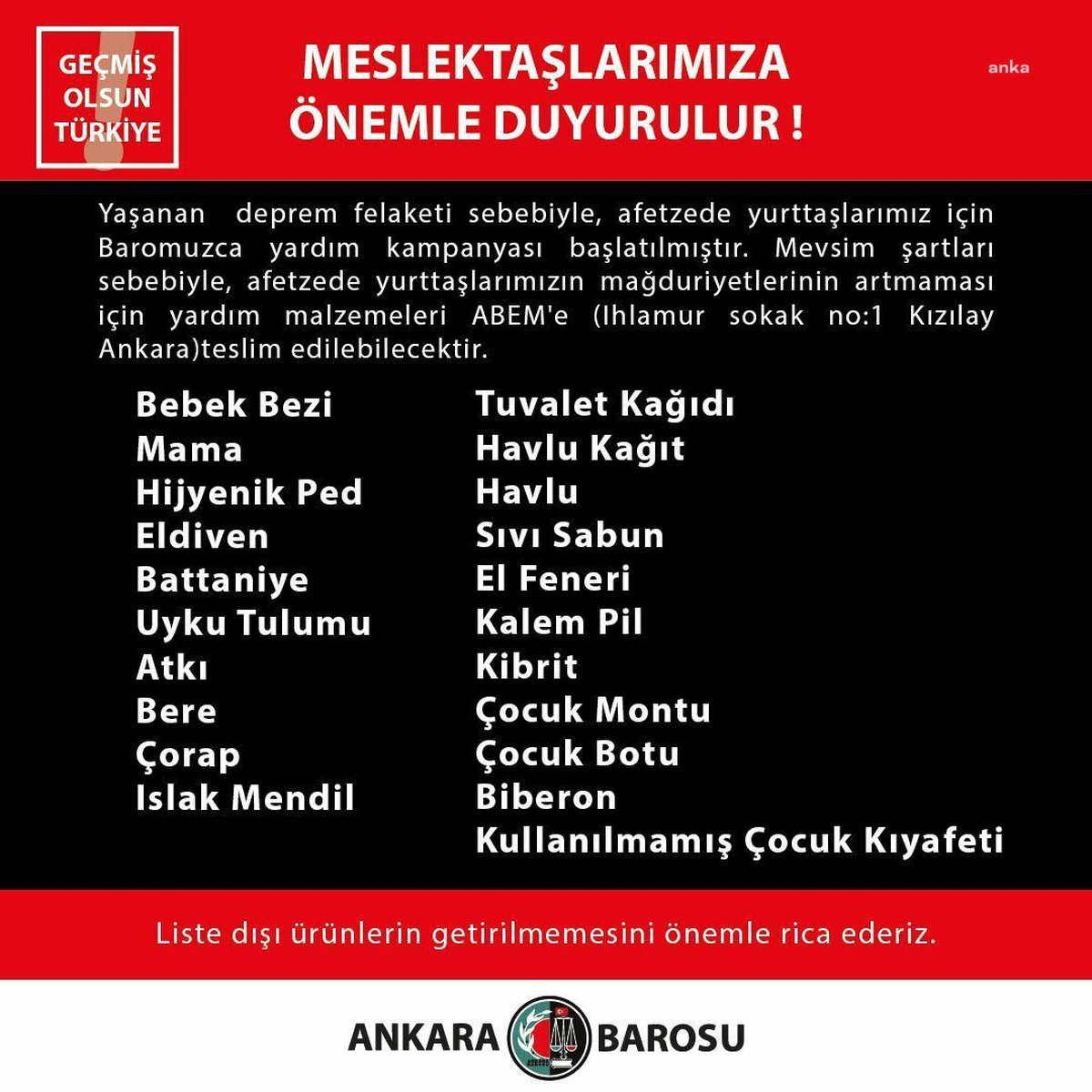 Ankara Barosu, Depremden Etkilenen Yurttaşlar İçin Yardım Kampanyası Başlattı