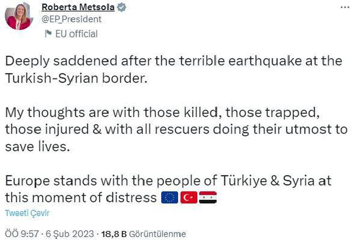 Avrupa Parlamentosu Başkanı: Avrupa bu sıkıntılı anda Türkiye ve Suriye halkının yanında