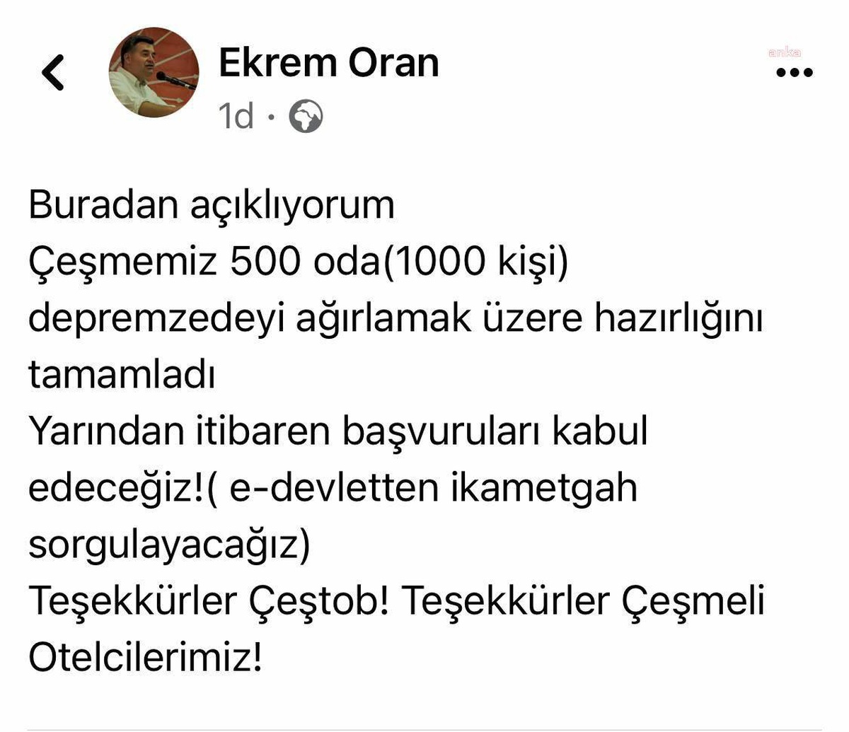 Çeşme\'de Oteller Depremzedelere Açıldı. Ekrem Oran; "Depremden Etkilenen Vatandaşlarımız İçin 1000 Kişilik Odamız Hazır"