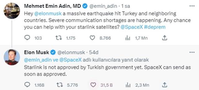 Elon Musk'tan Maraş depremi açıklaması: Onay gelir gelmez Starlink uydularımızı Türkiye'ye gönderebiliriz