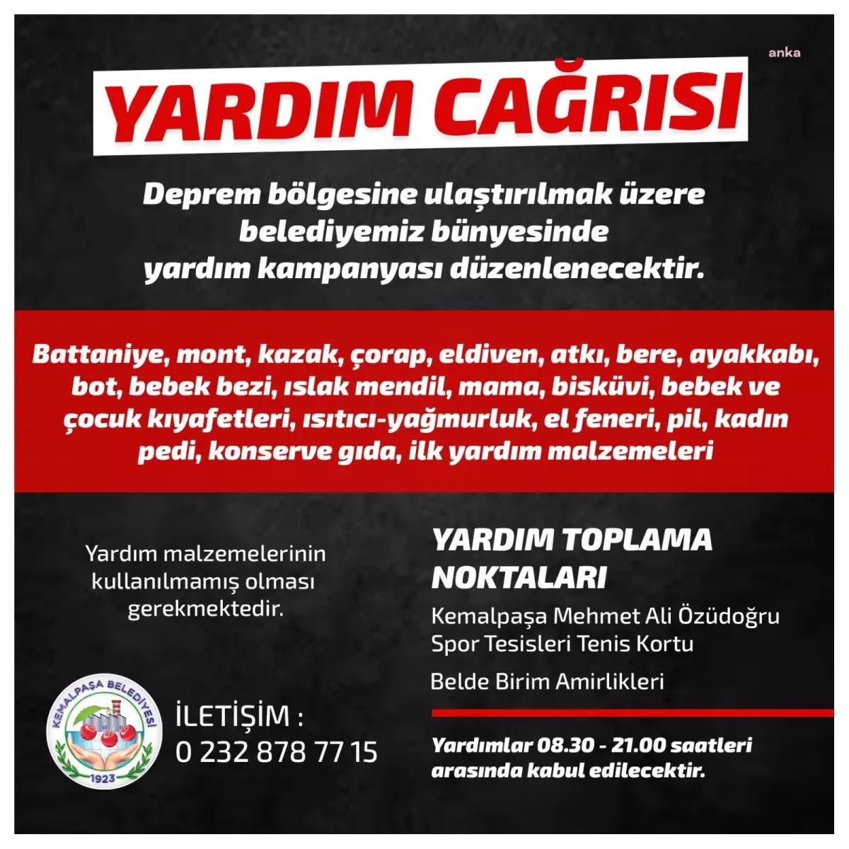 Kemalpaşa Belediyesi, Depremden Etkilenen Yurttaşlar İçin Yardım Kampanyası Başlattı