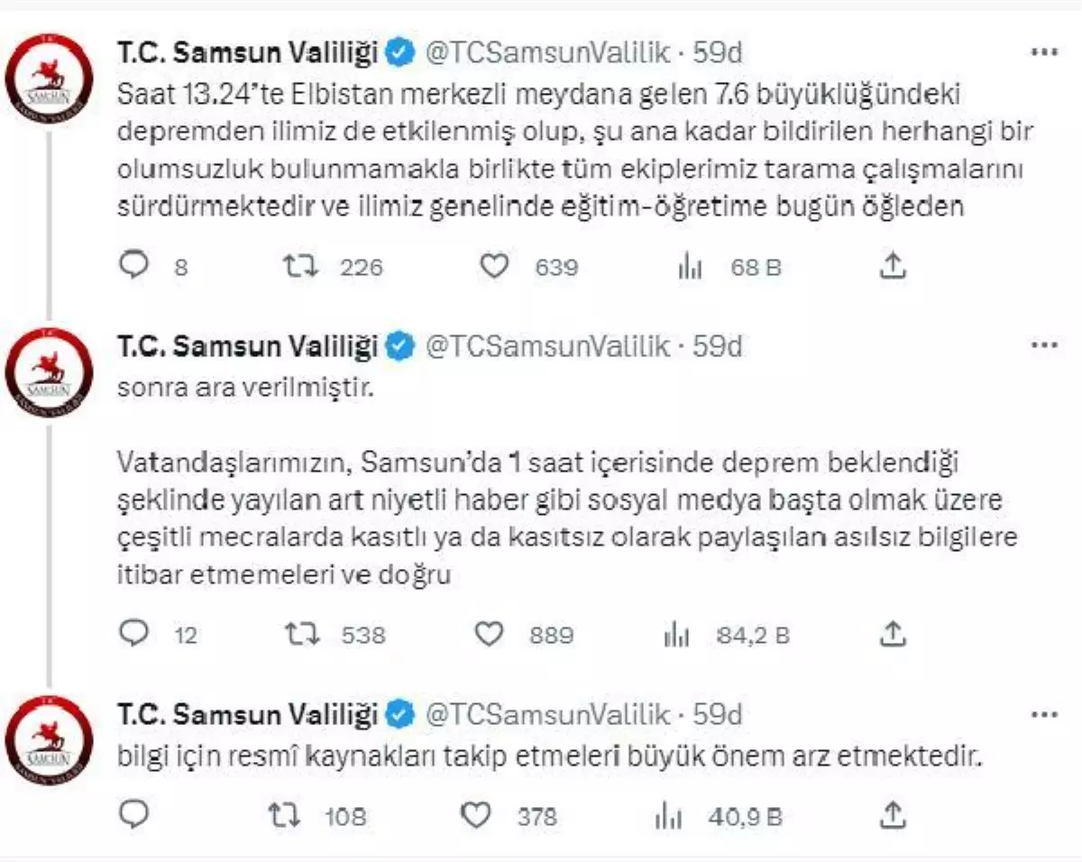 Samsun Valiliği\'nden sosyal medyada deprem söylentisine açıklama