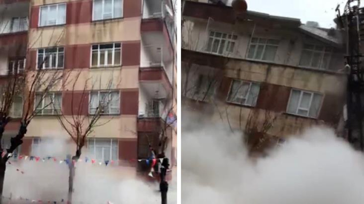 Şanlıurfa\'da depremden zarar gören binanın yıkılma anı saniye saniye kamerada