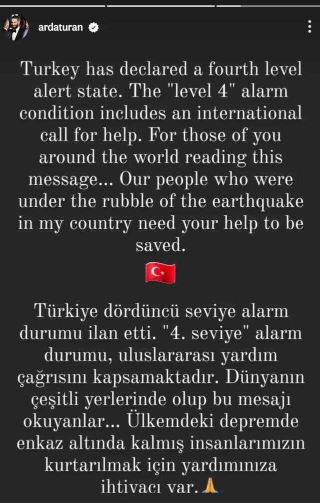 Türkiye'yi vuran deprem sonrası Arda Turan'dan tüm dünyaya çağrı: İnsanlarımızın yardımınıza ihtiyacı var Türkiye'yi vuran deprem sonrası Arda Turan'dan tüm dünyaya çağrı: İnsanlarımızın yardımınıza ihtiyacı var