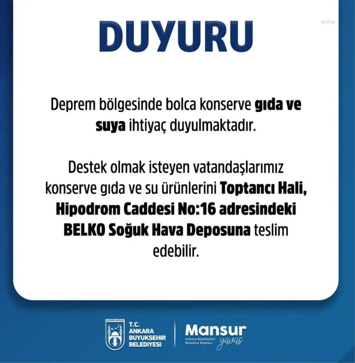 Abb\'den Deprem Bölgesi İçin \'gıda ve Su\' Çağrısı: "Vatandaşlarımız Konserve Gıda ve Su Ürünlerini Belko Soğuk Hava Deposuna Teslim Edebilir"