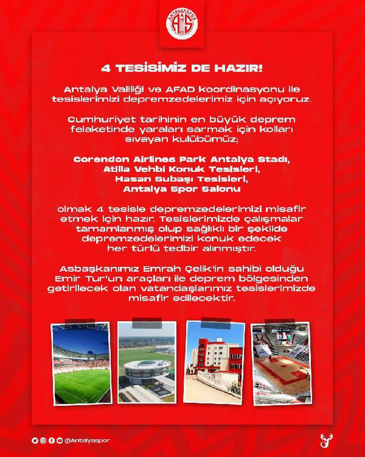 Antalyaspor, tesislerinde depremzedeleri misafir edecek