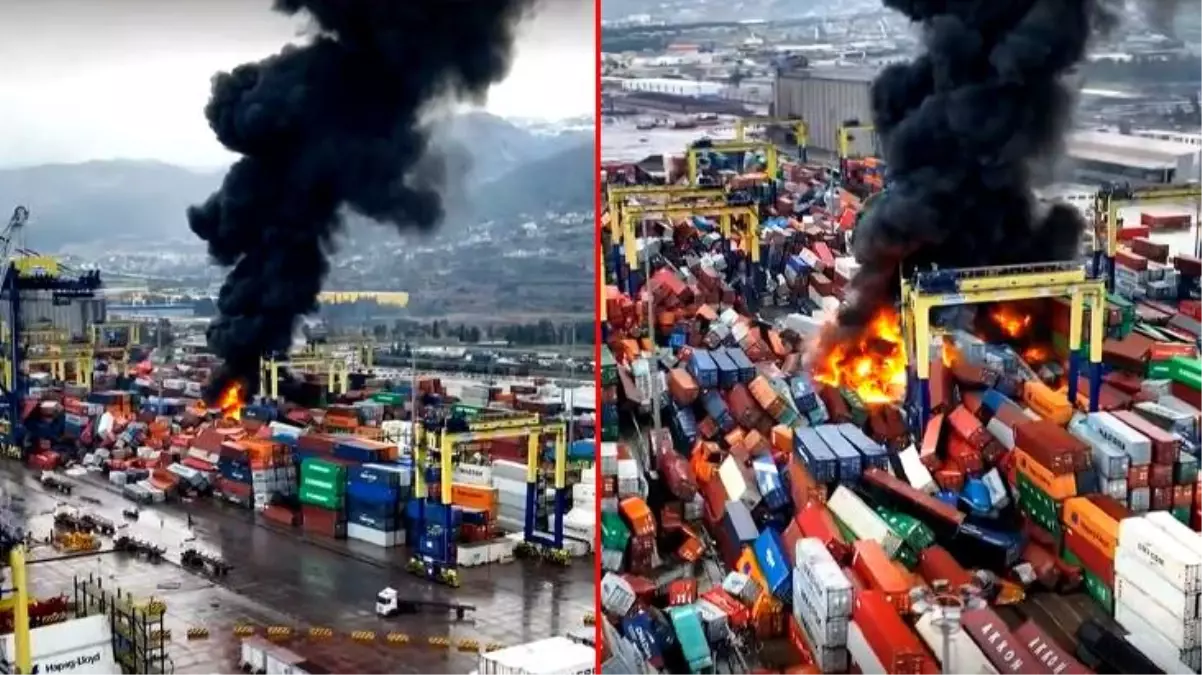 İskenderun Limanı\'nda depremde devrilen konteynerlerde çıkan yangın devam ediyor