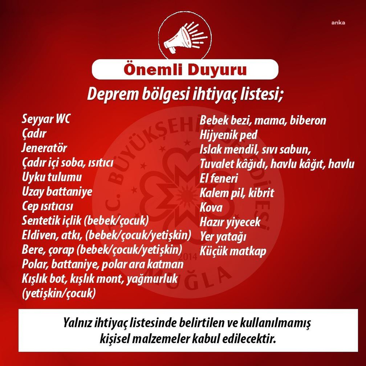 Menteşe Belediyesi, Deprem Bölgesine Gönderilecek Yardımları Yurttaşın Adresinden Alıyor