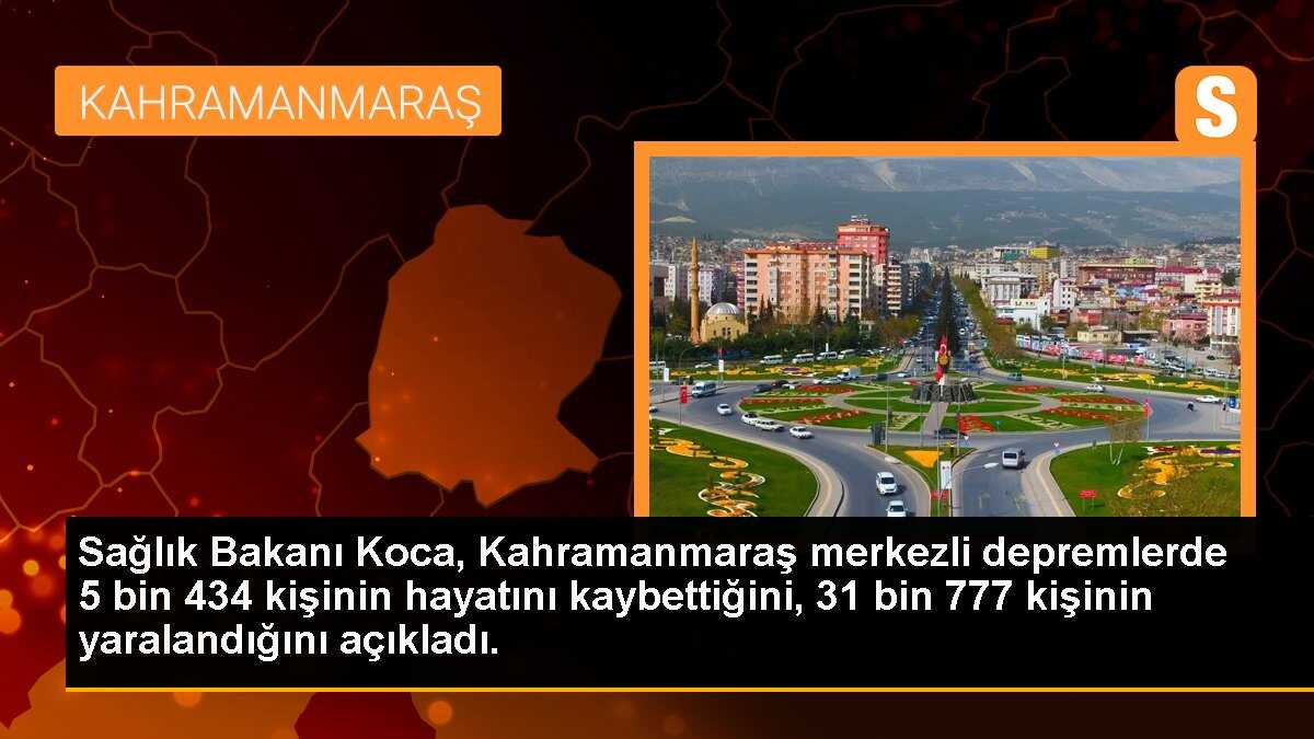Sağlık Bakanı Koca, Kahramanmaraş merkezli depremlerde 5 bin 434 kişinin hayatını kaybettiğini, 31 bin 777 kişinin yaralandığını açıkladı.