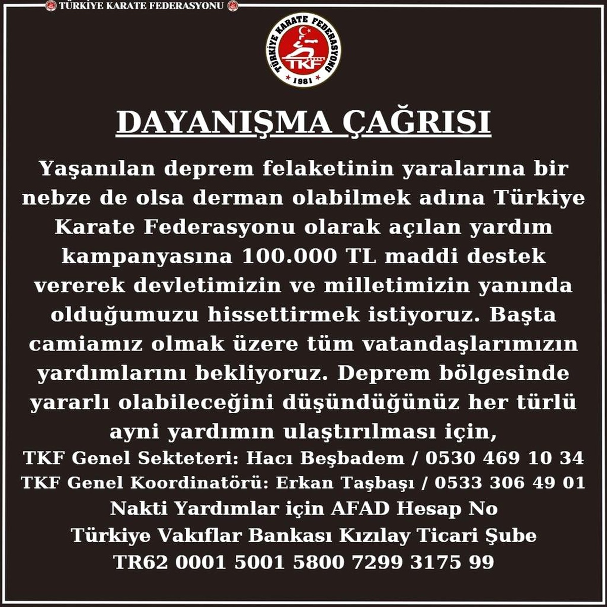 Türkiye Karate Federasyonu\'ndan 100 bin TL destek