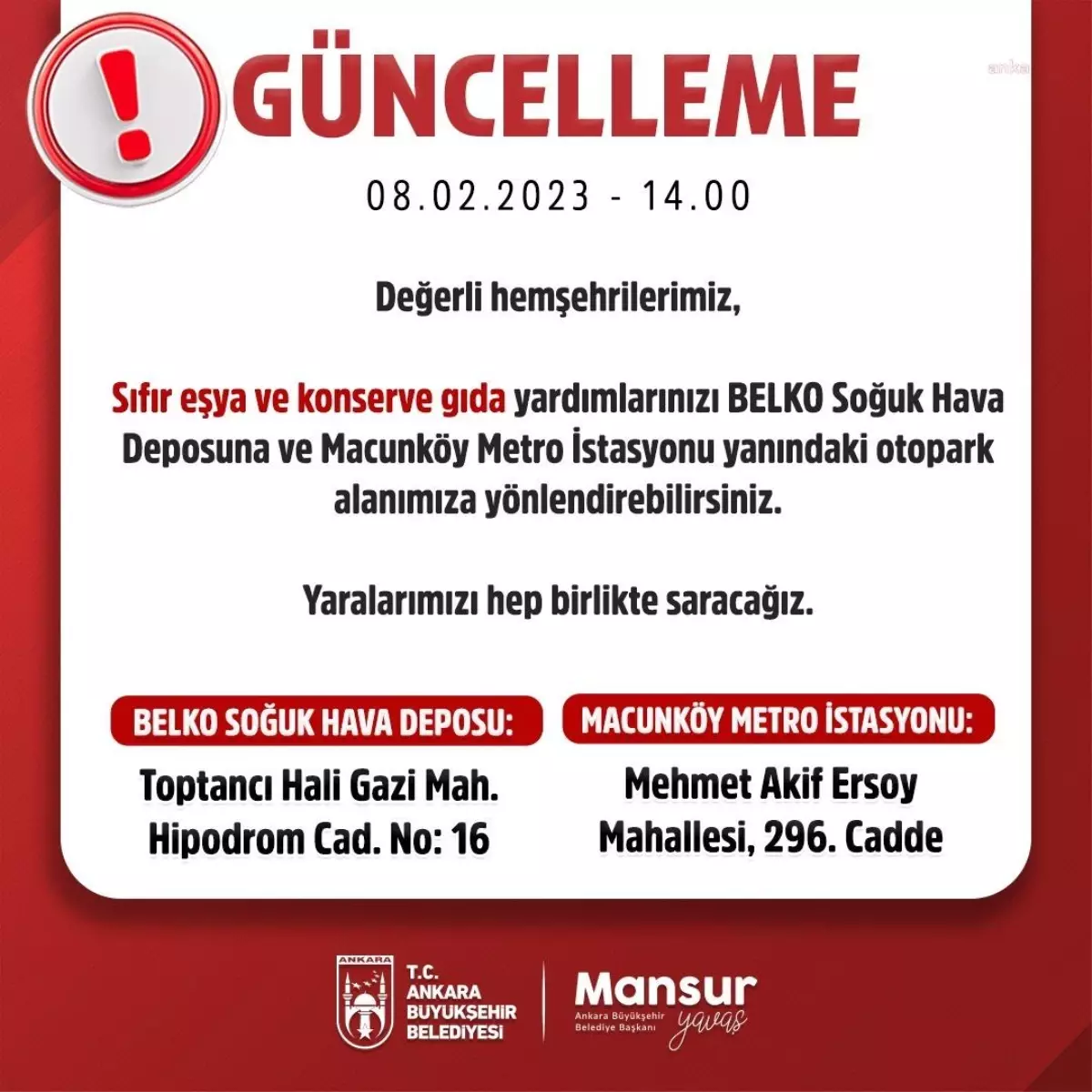 Abb\'den Destek Çağrısı: "Sıfır Eşya ve Gıda Yardımlarınızı Belko Soğuk Hava Deposu\'na ve Macunköy Metro İstasyonu Yakınındaki Otopark Alanımıza...