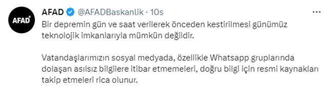 AFAD'dan 'Deprem olacak' iddilarına yalanlama: Önceden kestirilmesi günümüz teknolojik imkanlarıyla mümkün değildir AFAD'dan 'Deprem olacak' iddilarına yalanlama: Önceden kestirilmesi günümüz teknolojik imkanlarıyla mümkün değildir