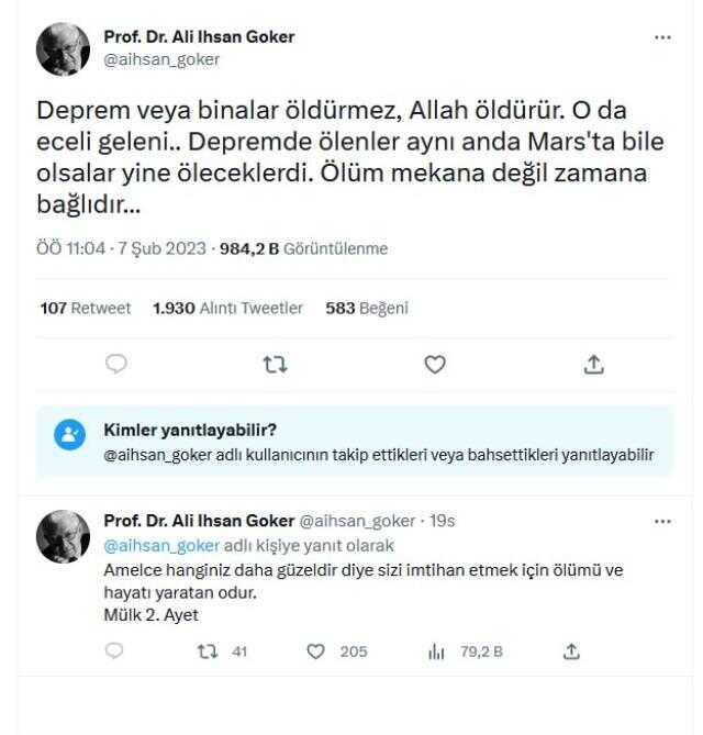 Bilecik'te 'Deprem ve binalar öldürmez, Allah öldürür' paylaşımı yapan öğretim üyesi için soruşturma açıldı Bilecik'te 'Deprem ve binalar öldürmez, Allah öldürür' paylaşımı yapan öğretim üyesi için soruşturma açıldı
