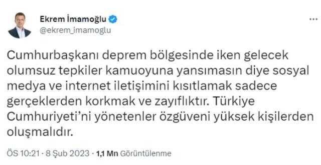 İmamoğlu'ndan Erişim Kısıtlanmasına Tepki: 'Sosyal Medya ve İnternet İletişimini Kısıtlamak Gerçeklerden Korkmak ve Zayıflıktır' İmamoğlu'ndan Erişim Kısıtlanmasına Tepki: 'Sosyal Medya ve İnternet İletişimini Kısıtlamak Gerçeklerden Korkmak ve Zayıflıktır'