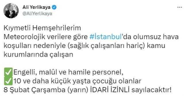 İstanbul'da kamu personeli yarın idari izinli