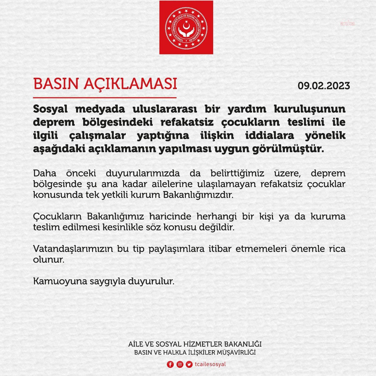 Aile ve Sosyal Hizmetler Bakanlığından deprem bölgelerindeki refakatsiz çocuklara ilişkin açıklama Açıklaması